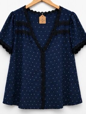 Lace-Trim Navy V-Neck Blouse